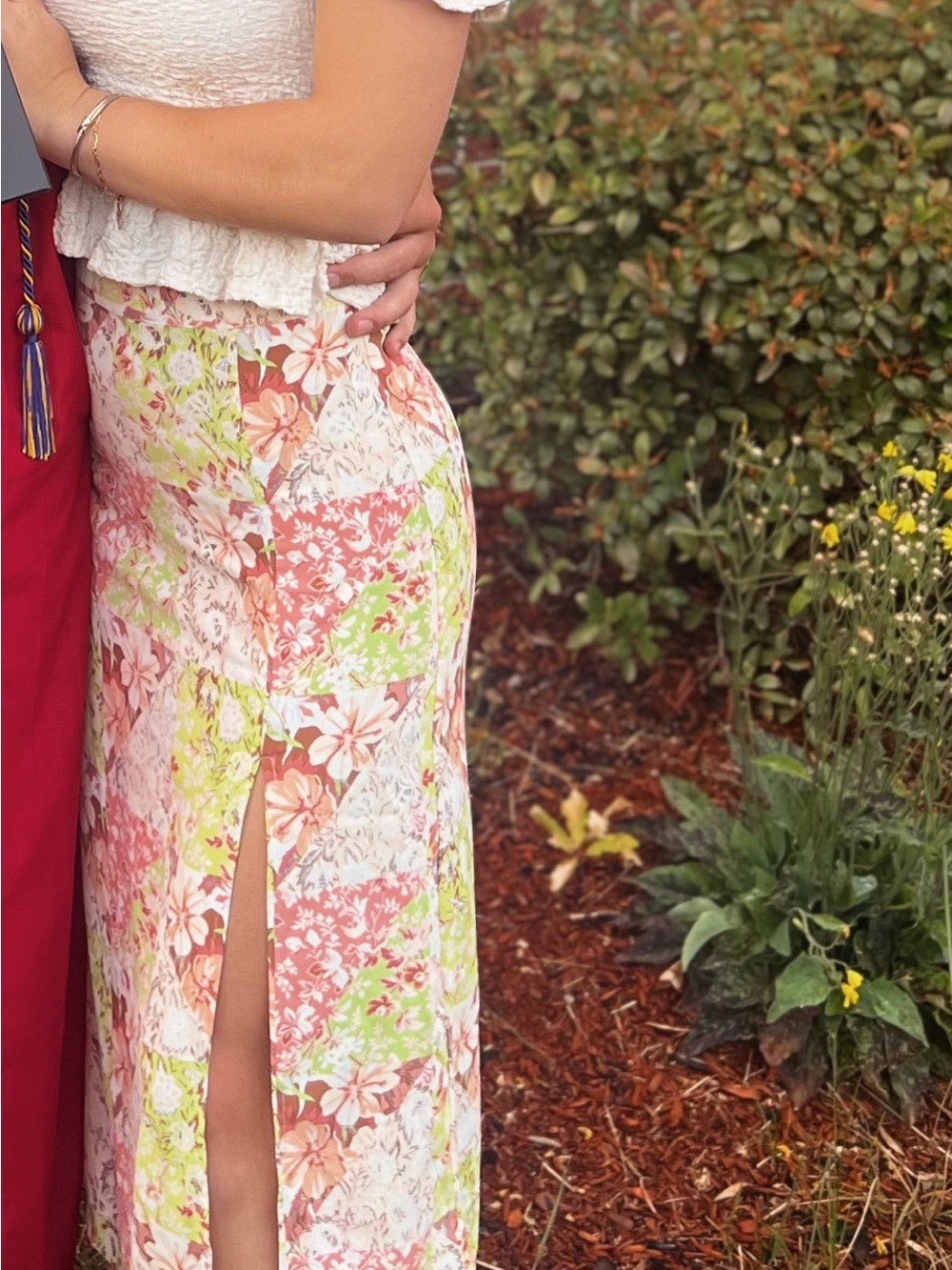 Floral Patchwork Midi Skirt in Coral, Pink & Green